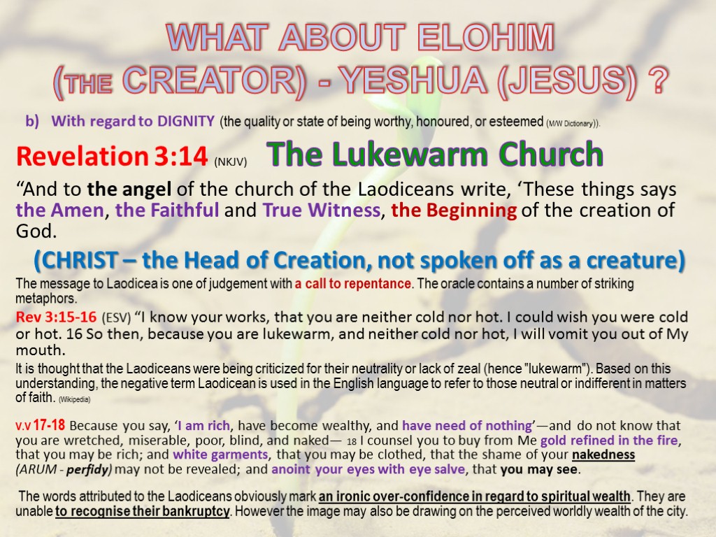 WHAT ABOUT ELOHIM (THE CREATOR) - YESHUA (JESUS) ? b) With regard to DIGNITY